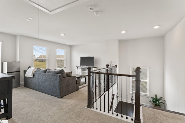 481 Fenwick Dr, Woodruff, SC 29388 - living area featuring carpet flooring, attic access, and recessed lighting