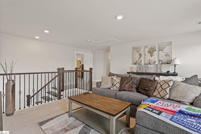 481 Fenwick Dr, Woodruff, SC 29388 - carpeted living room featuring recessed lighting, visible vents, and attic access