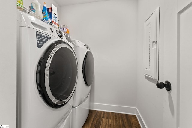 481 Fenwick Dr, Woodruff, SC 29388 - washroom featuring laundry area, baseboards, dark wood-style floors, and washer and dryer