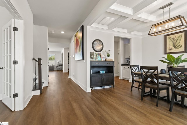 481 Fenwick Dr, Woodruff, SC 29388 - dining space featuring coffered ceiling, baseboards, beamed ceiling, dark wood-style floors, and recessed lighting