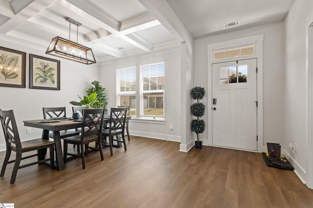 481 Fenwick Dr, Woodruff, SC 29388 - dining space with an inviting chandelier, coffered ceiling, visible vents, baseboards, and dark wood-style floors