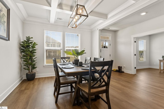 481 Fenwick Dr, Woodruff, SC 29388 - dining space featuring beam ceiling, recessed lighting, dark wood-style floors, coffered ceiling, and baseboards