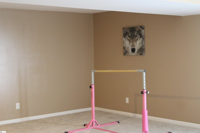 rec room with baseboards and carpet flooring
