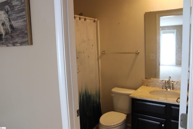 bathroom featuring toilet, curtained shower, and vanity