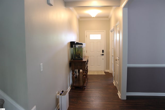 doorway featuring ornamental molding, baseboards, and dark wood finished floors