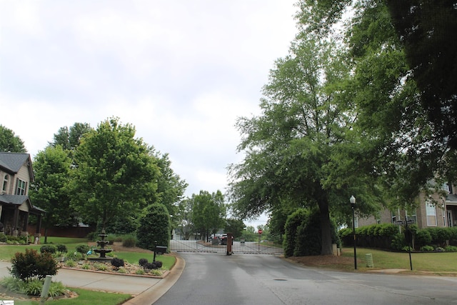 view of road with street lights, a gated entry, a gate, and curbs