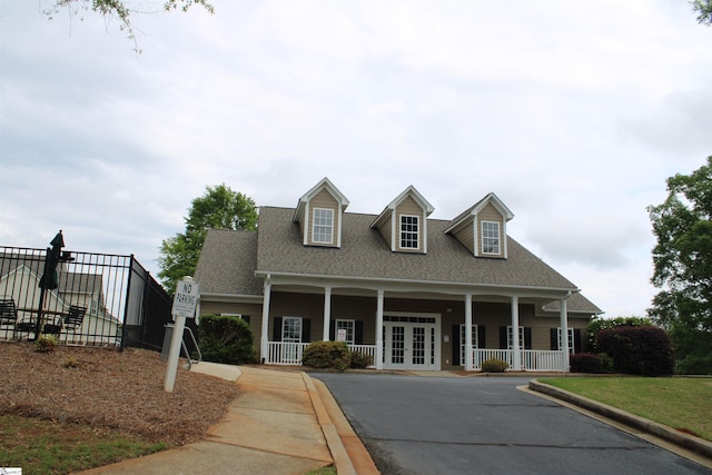 new england style home featuring covered porch, a shingled roof, fence, and french doors