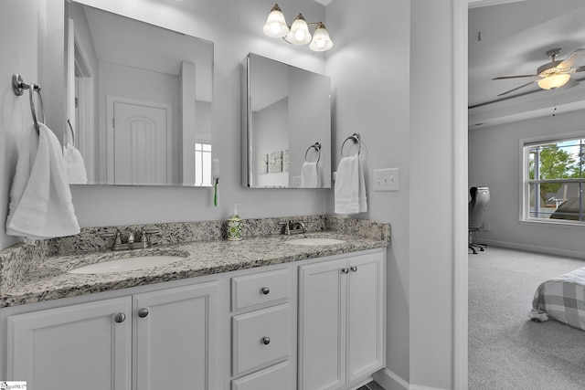 301 Highland Springs Loop, Inman, SC 29349 - bathroom featuring baseboards, a ceiling fan, and double vanity