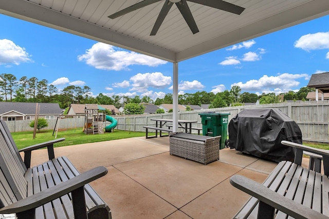 301 Highland Springs Loop, Inman, SC 29349 - view of patio / terrace with a playground, ceiling fan, and grilling area