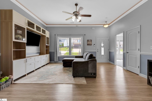 301 Highland Springs Loop, Inman, SC 29349 - living area featuring a ceiling fan, light wood-type flooring, ornamental molding, and baseboards