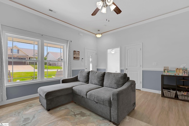 301 Highland Springs Loop, Inman, SC 29349 - living room featuring a ceiling fan, wood finished floors, baseboards, and ornamental molding