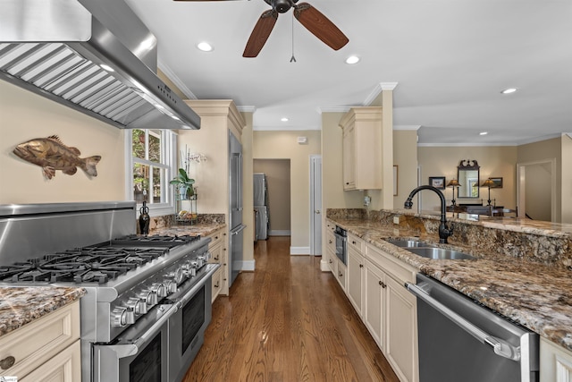 kitchen featuring appliances with stainless steel finishes, extractor fan, a sink, ornamental molding, and cream cabinetry