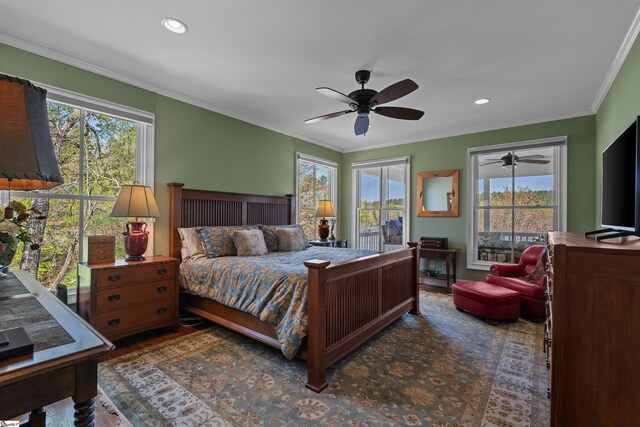 bedroom featuring multiple windows, crown molding, access to outside, ceiling fan, and recessed lighting