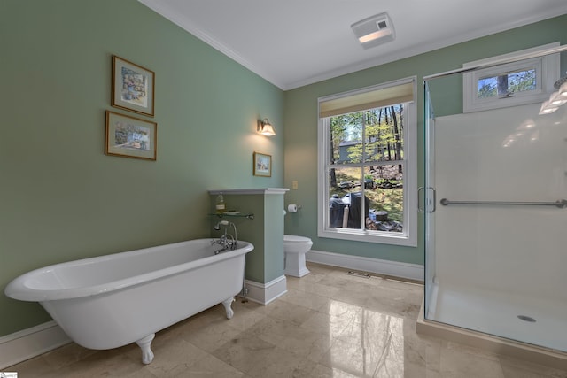full bathroom with baseboards, a shower stall, ornamental molding, marble finish flooring, and a freestanding tub