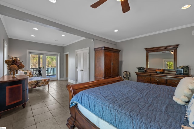 bedroom featuring access to exterior, light tile patterned flooring, recessed lighting, crown molding, and a ceiling fan