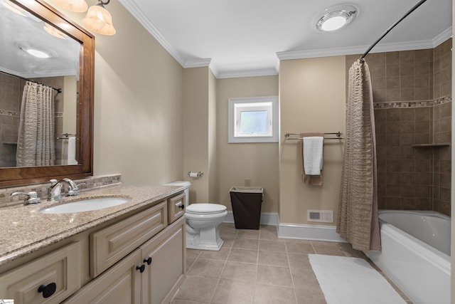 full bathroom with tile patterned floors, baseboards, ornamental molding, vanity, and shower / bath combo