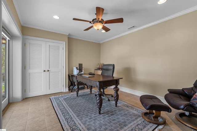 office featuring light tile patterned floors, a ceiling fan, ornamental molding, recessed lighting, and baseboards