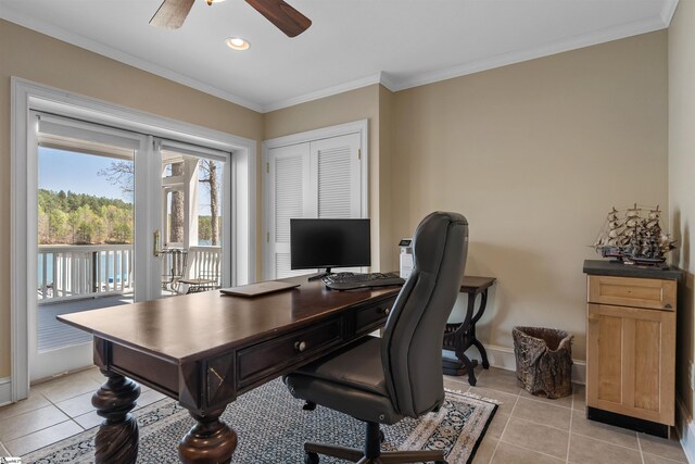 home office with ceiling fan, light tile patterned floors, crown molding, recessed lighting, and baseboards