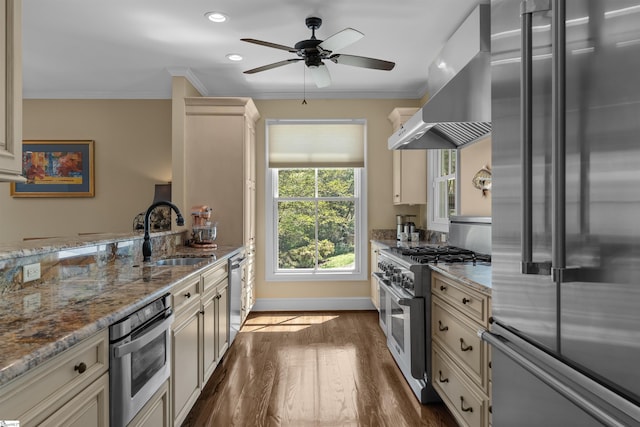 kitchen featuring high end appliances, a sink, dark wood-style floors, ornamental molding, and range hood