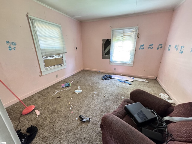 carpeted empty room with ornamental molding and baseboards
