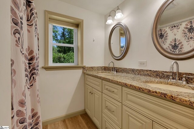 full bathroom featuring wood finished floors, double vanity, and baseboards