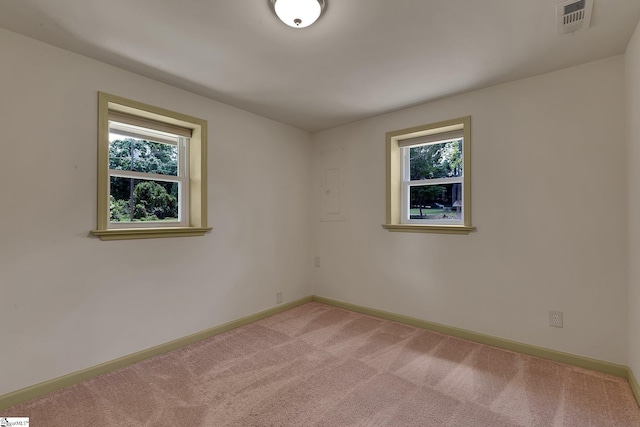 spare room featuring plenty of natural light, light colored carpet, and baseboards