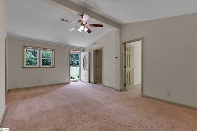 empty room with light carpet, ceiling fan, and baseboards