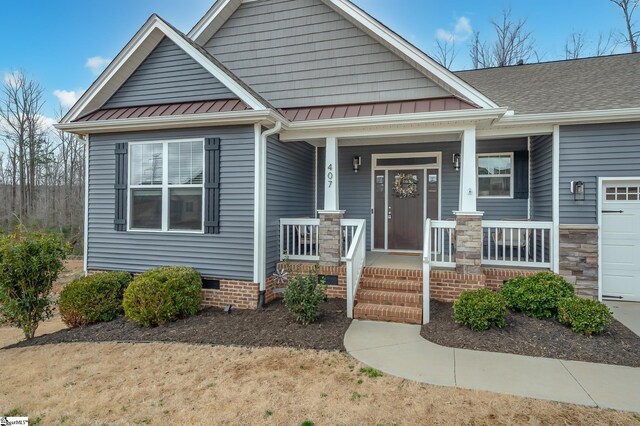 407 Saylor Way, Taylors, SC 29687 - craftsman house featuring a standing seam roof, covered porch, a garage, and metal roof
