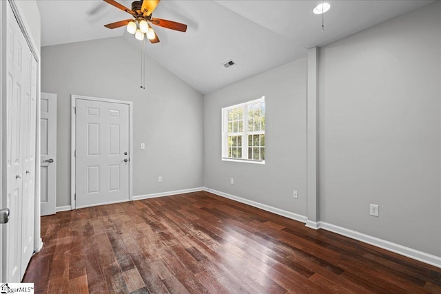 215 Rebecca St, Greenville, SC 29607 - empty room with ceiling fan, wood finished floors, baseboards, and high vaulted ceiling
