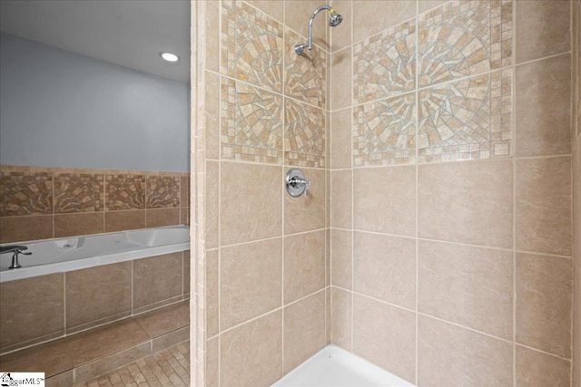215 Rebecca St, Greenville, SC 29607 - bathroom featuring tiled shower, a garden tub, and recessed lighting