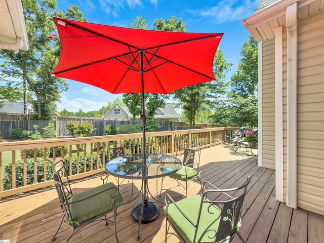 wooden deck with outdoor dining area and a fenced backyard