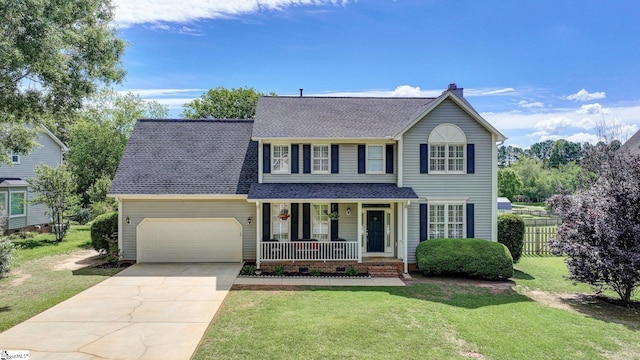 traditional-style house featuring covered porch, driveway, roof with shingles, a chimney, and a garage