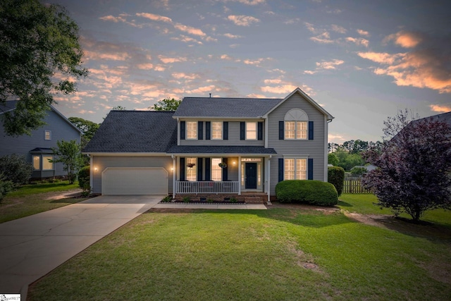 view of front of house featuring covered porch, a garage, concrete driveway, and roof with shingles