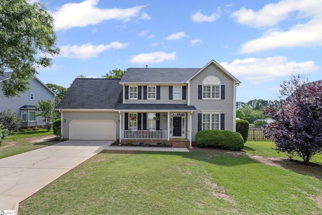 view of front of property with covered porch, a garage, concrete driveway, and roof with shingles