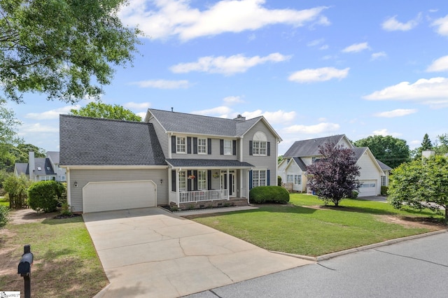 view of front of house featuring a porch, a garage, concrete driveway, a front yard, and a chimney