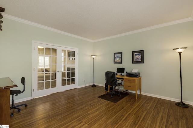 home office featuring french doors, wood finished floors, crown molding, baseboards, and a textured ceiling