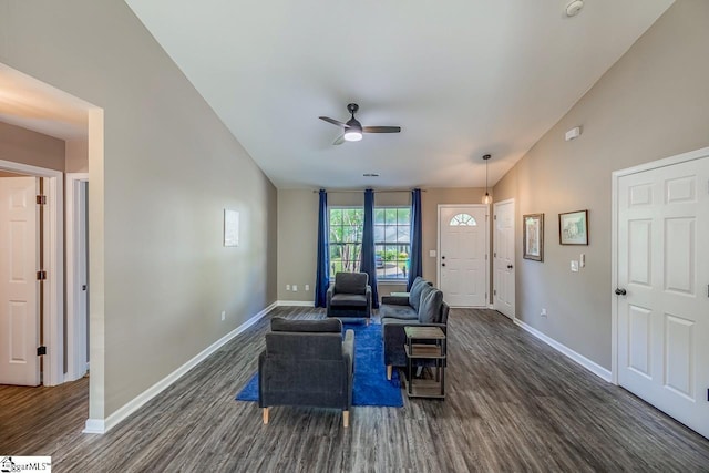 175 Falcon Ridge Dr, Boiling Springs, SC 29316 - living room featuring dark wood-style floors, baseboards, ceiling fan, and vaulted ceiling