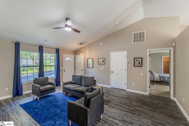 175 Falcon Ridge Dr, Boiling Springs, SC 29316 - living area featuring ceiling fan, dark wood-style flooring, baseboards, and high vaulted ceiling