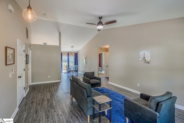 175 Falcon Ridge Dr, Boiling Springs, SC 29316 - living area with dark wood finished floors, baseboards, lofted ceiling, and a ceiling fan