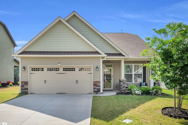113 Forest Ridge Way, Greenville, SC 29617 - craftsman-style home featuring a standing seam roof, an attached garage, concrete driveway, and a front lawn
