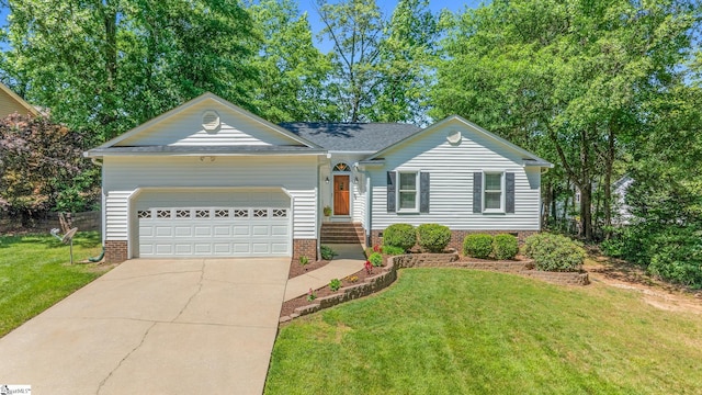 single story home featuring a garage, concrete driveway, a front yard, and roof with shingles