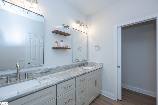 bathroom featuring wood finished floors, double vanity, and baseboards