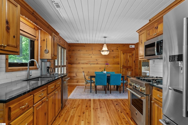 295 Sugarhill Rd, Seneca, SC 29672 - kitchen with appliances with stainless steel finishes, a sink, brown cabinets, and wood walls