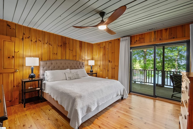 295 Sugarhill Rd, Seneca, SC 29672 - bedroom featuring access to exterior, wooden walls, light wood finished floors, and ceiling fan