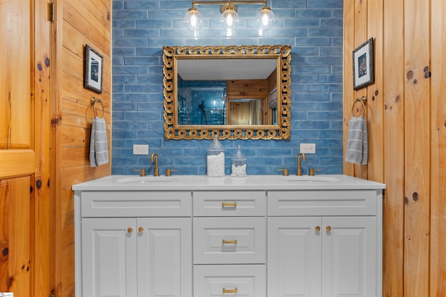 295 Sugarhill Rd, Seneca, SC 29672 - full bathroom featuring double vanity and wooden walls