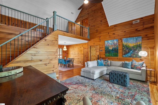 295 Sugarhill Rd, Seneca, SC 29672 - living area with high vaulted ceiling, wood finished floors, ceiling fan, wood walls, and stairs