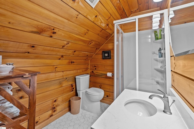 295 Sugarhill Rd, Seneca, SC 29672 - bathroom with wood ceiling, a stall shower, lofted ceiling, toilet, and wooden walls