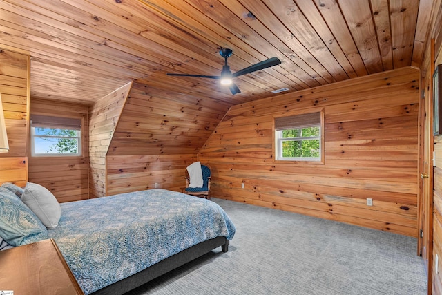 295 Sugarhill Rd, Seneca, SC 29672 - carpeted bedroom with wooden walls, wood ceiling, vaulted ceiling, and ceiling fan