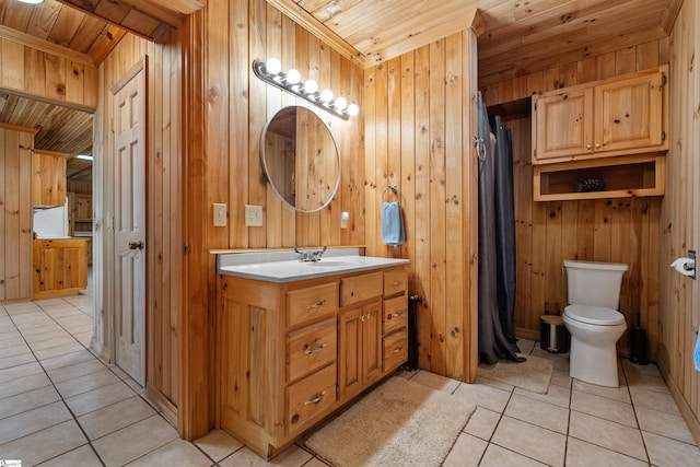 295 Sugarhill Rd, Seneca, SC 29672 - bathroom featuring wooden ceiling, tile patterned flooring, wooden walls, vanity, and toilet