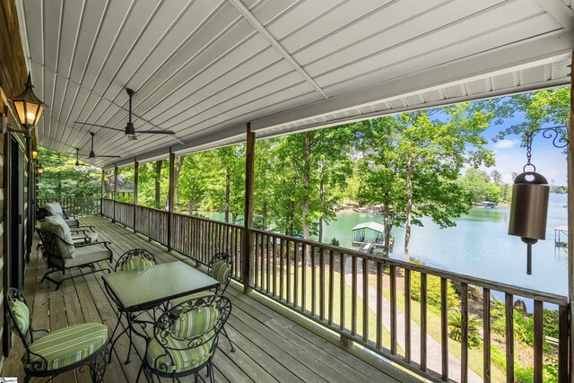 295 Sugarhill Rd, Seneca, SC 29672 - wooden deck featuring a water view, view of wooded area, and a ceiling fan